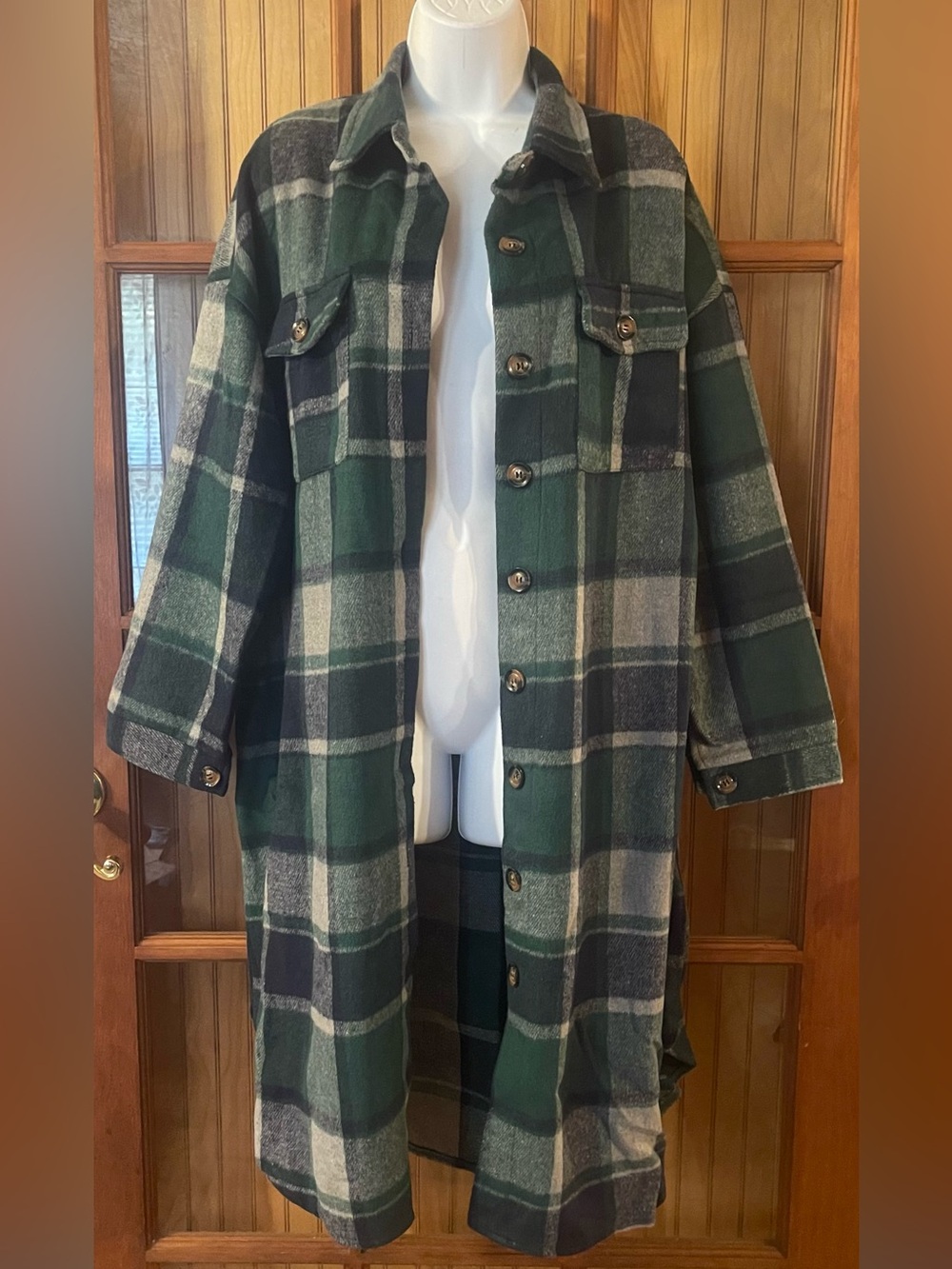 Long Green Plaid Shacket Coat